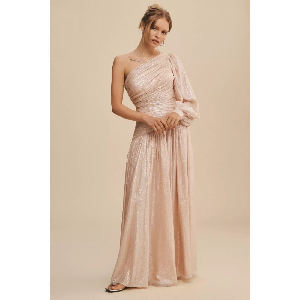 BHLDN Jade Metallic One-Shoulder Asymmetrical-Waist Gown / Size 6 / Petal Pink